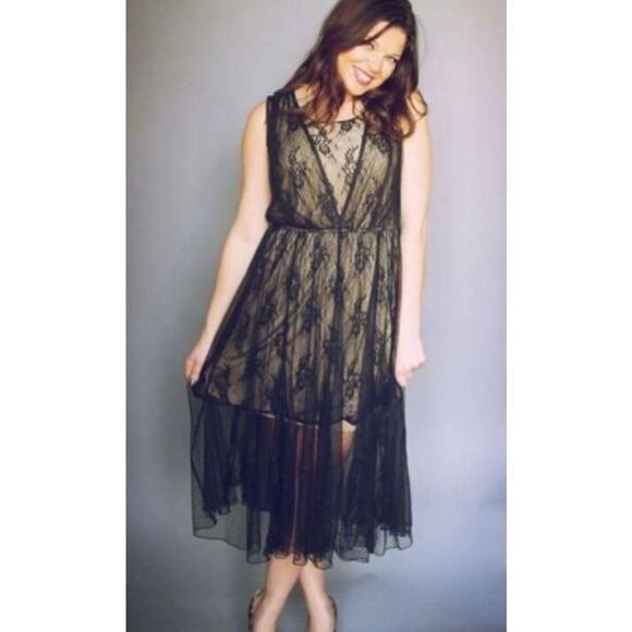 Vintage Pinky Sheer Lace Midi Dress Size XL Black Whimsygoth Fairy Grunge Y2K - Picture 1 of 9